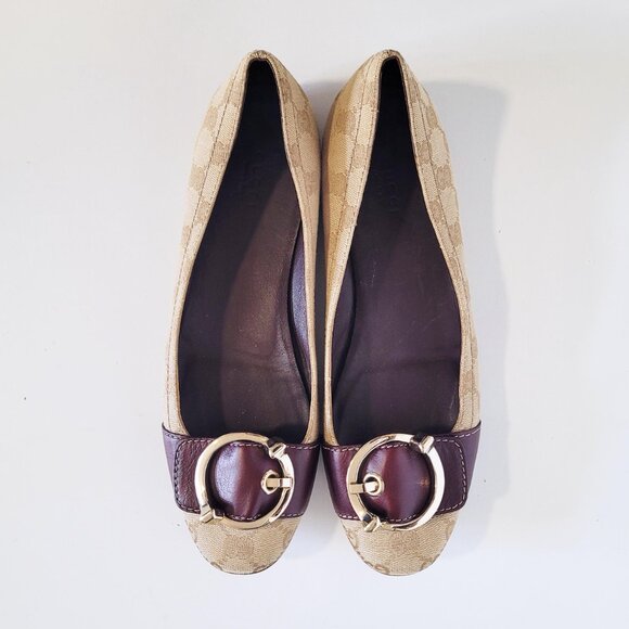 Gucci Brown Leather and GG Canvas Buckle Detail Ballet Flats - Size 8.5 - Picture 4 of 12